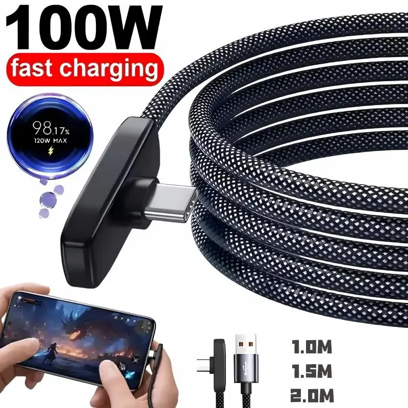 Cabo USB Tipo C de 100W 10A para Carregamento Rápido 90 ° Cabo de Dados Portátil em Ângulo Reto para Samsung Xiaomi Huawei Google Laptop