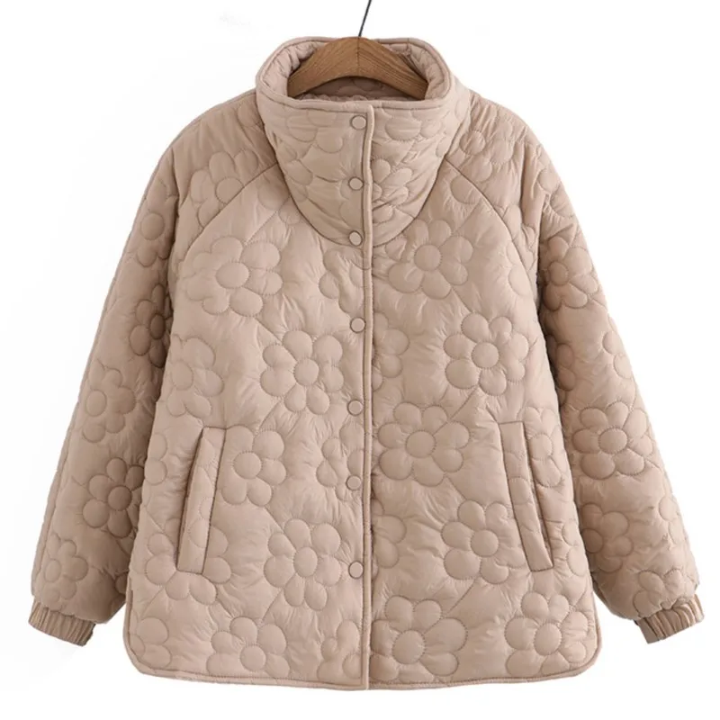 Women's Casual Padded Coat with Stand Collar, Loose Flowers Cotton Jacket, Winter Parka, Plus Size, 4XL, New