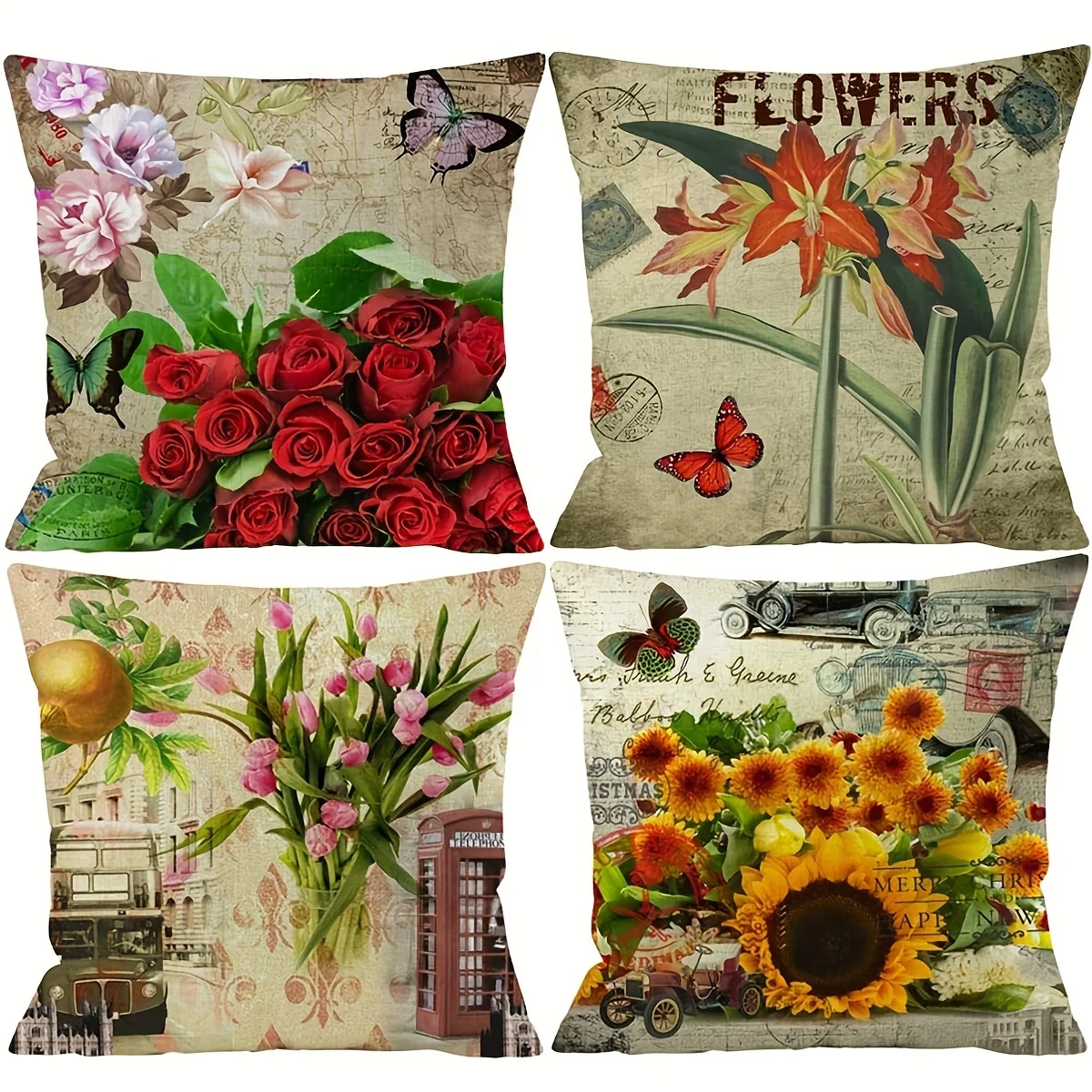 

4pcs Spring Vintage Floral Decorative Cushion Covers Pillow Covers with Hidden Zip Sturdy Home Decor Room Decor Office Decor