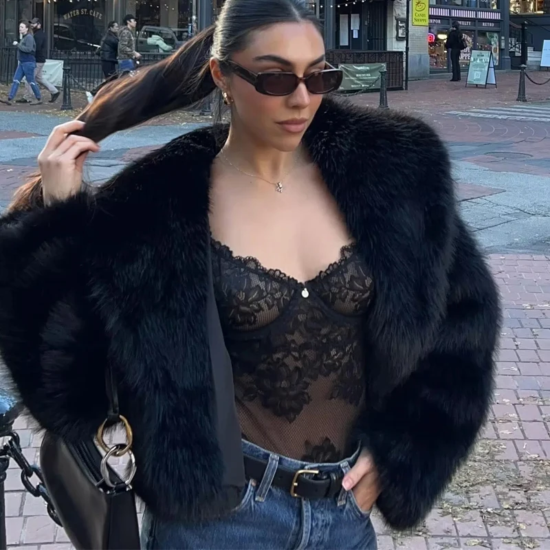 TRAF Black Faux Fur Coat for Women Autumn Winter Plush Wool Coats Black Wool & Blends Coats Outerwears Long Sleeve Warm Fur Coat 2