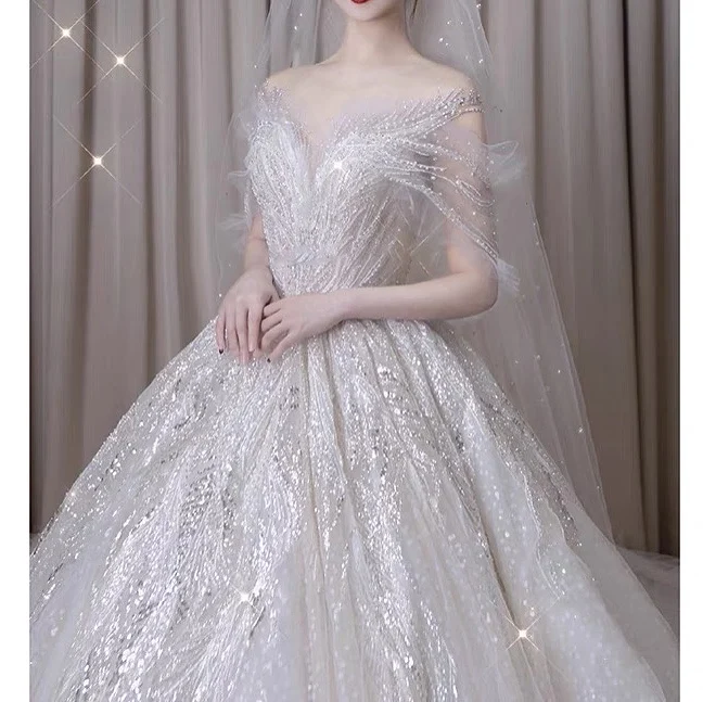 

Luxury Sequins Wedding Dresses Sexy Off Shoulder Shiny Beading Pearls Elegant V Neck French Style Customize Princess Bride Gown