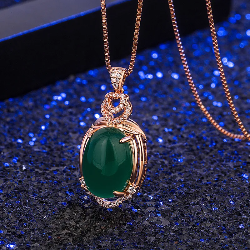 

14K Rose Gold Emerald Pendant 45 Cm Necklace for Women Real Jade Gemstone Pierscionki Green Topaz Pendant Bizuteria Female Girls