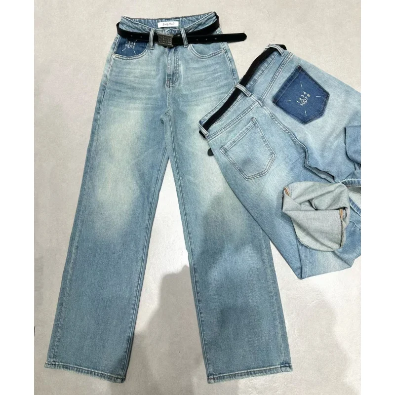

Women Blue Jeans Fashion Trousers Number Vintage High Waist Wide Leg Y2K Europe and America Baggy Summer Straight Denim Pants
