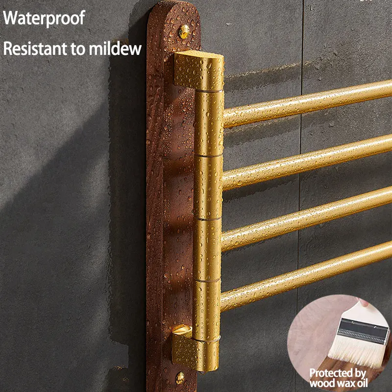 Innovative Wood Rotary Towel Hanger Waterproof Brushed Gold Towel Bar Wall Mounted Folding Bathroom Holder Clothes Hanger
