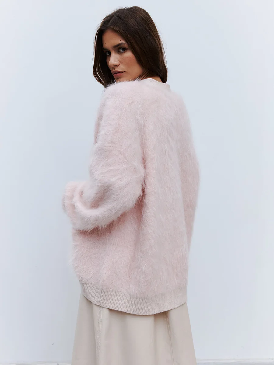 Bornladies Women's New Faux Mink Fur Cardigan Loose Fit Oversized Trendy Soft Knit Button Up Autumn Winter Fashion Sweaters