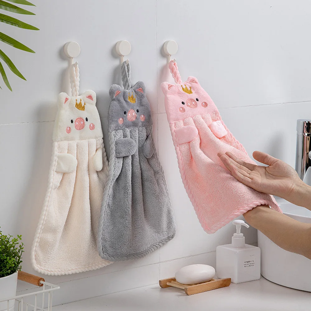 Kawaii Piggy Hand Towel Hangable Absorbent Hand Wiping Cloth Cartoon Crown Porket Soft Towel Kitchen Bathroom Supplies 1Pcs hand towels pocket towels