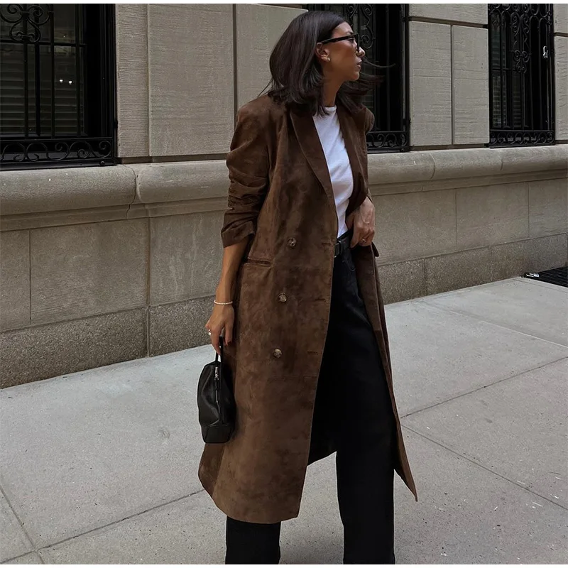 Fashion Lapel Suede Long Jacket Women Elegant Oversized Double-breasted Trench Overcoat Autumn Lady Commute Outerwear New