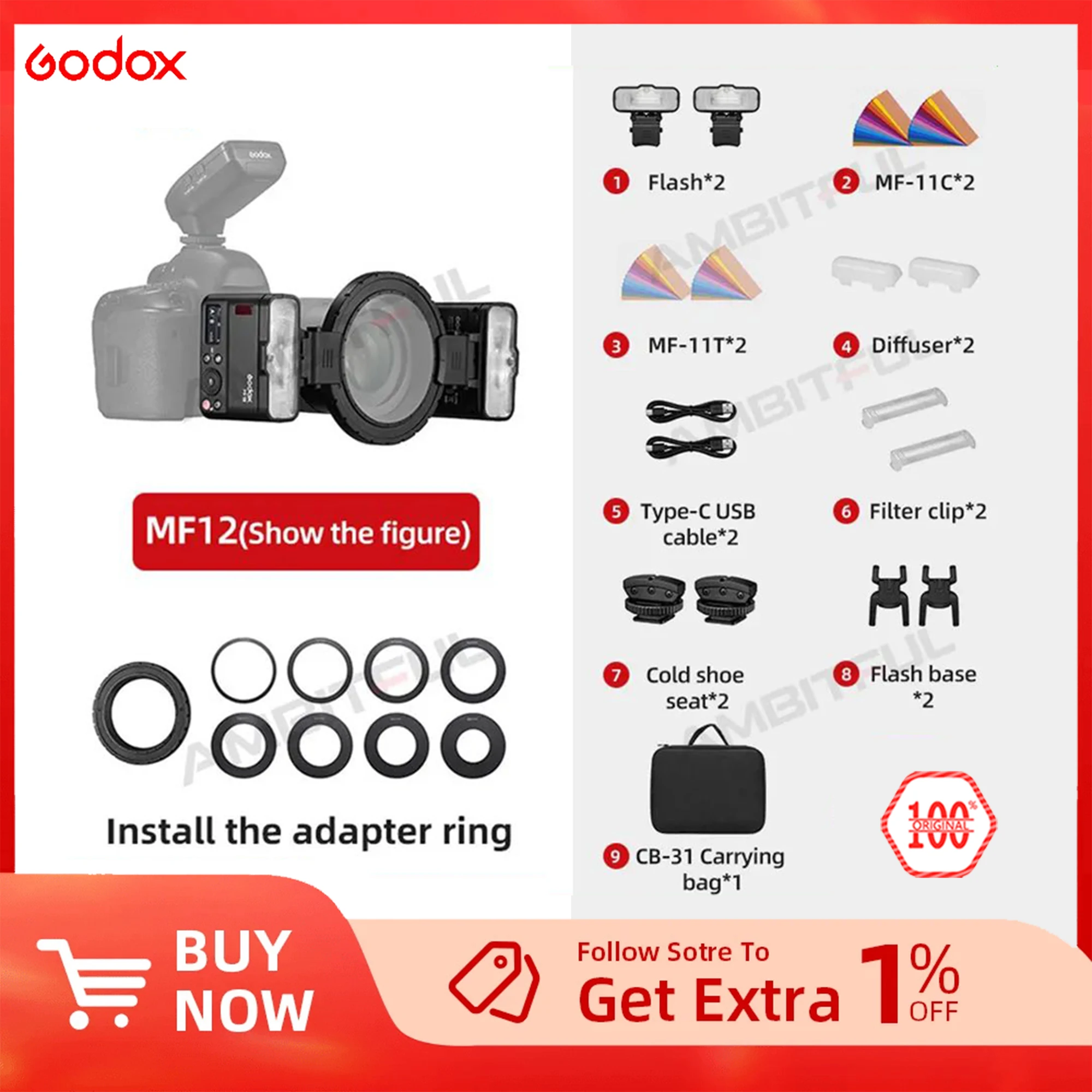 GodoxMini 매크로 플래시 스피드라이트 MF12 TTL 기능 내장 Godox X 시스템 + 매크로 카메라 촬영용 컬러 필터 디퓨저