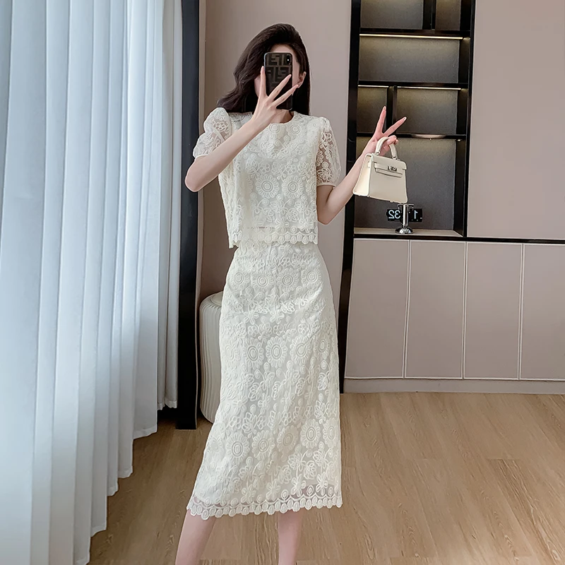 Summer Embroidery Lace Dress Sets 2 Piece Womens Outfits Runway 2024 Designer Short Sleeve Top and Skirt Suit Casual Party White