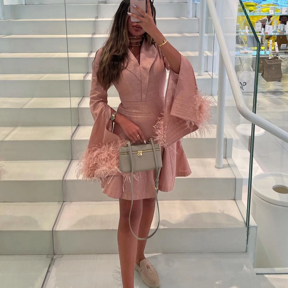 

Qcenkern V-Neck Evening Formal Saudi Arabia Long Sleeves Feathers Short Mini Party Dresses Gowns Women Robes de Soirée 2023