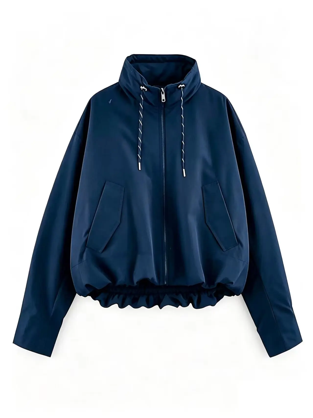 Guobioziy 2026 Autumn Women's Short Thick Jacket Stand Collar with Drawstring Hem Zipper Long Sleeve Loose Casual Pocket Coat