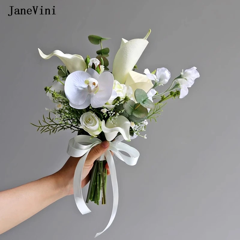 JaneVini White Calla Lily Bridal Flowers Bouquets Wedding Accessories Handmade Silk Bride Flower Bouquet