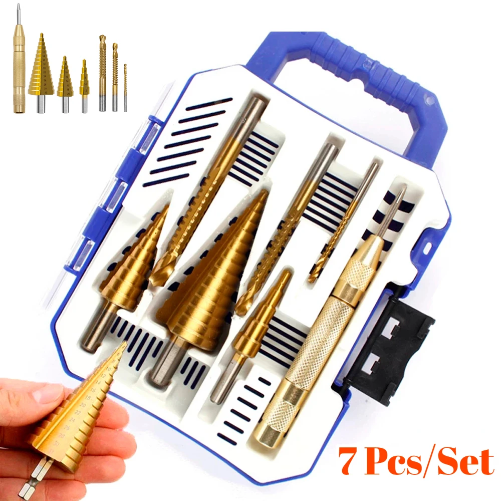 

7PCS HSS Spiral Twist Saw Drill Bit Step Drill Bit Sets Straight Groove Titanium Coated Cone Hole Cutter Automatic Center Punch