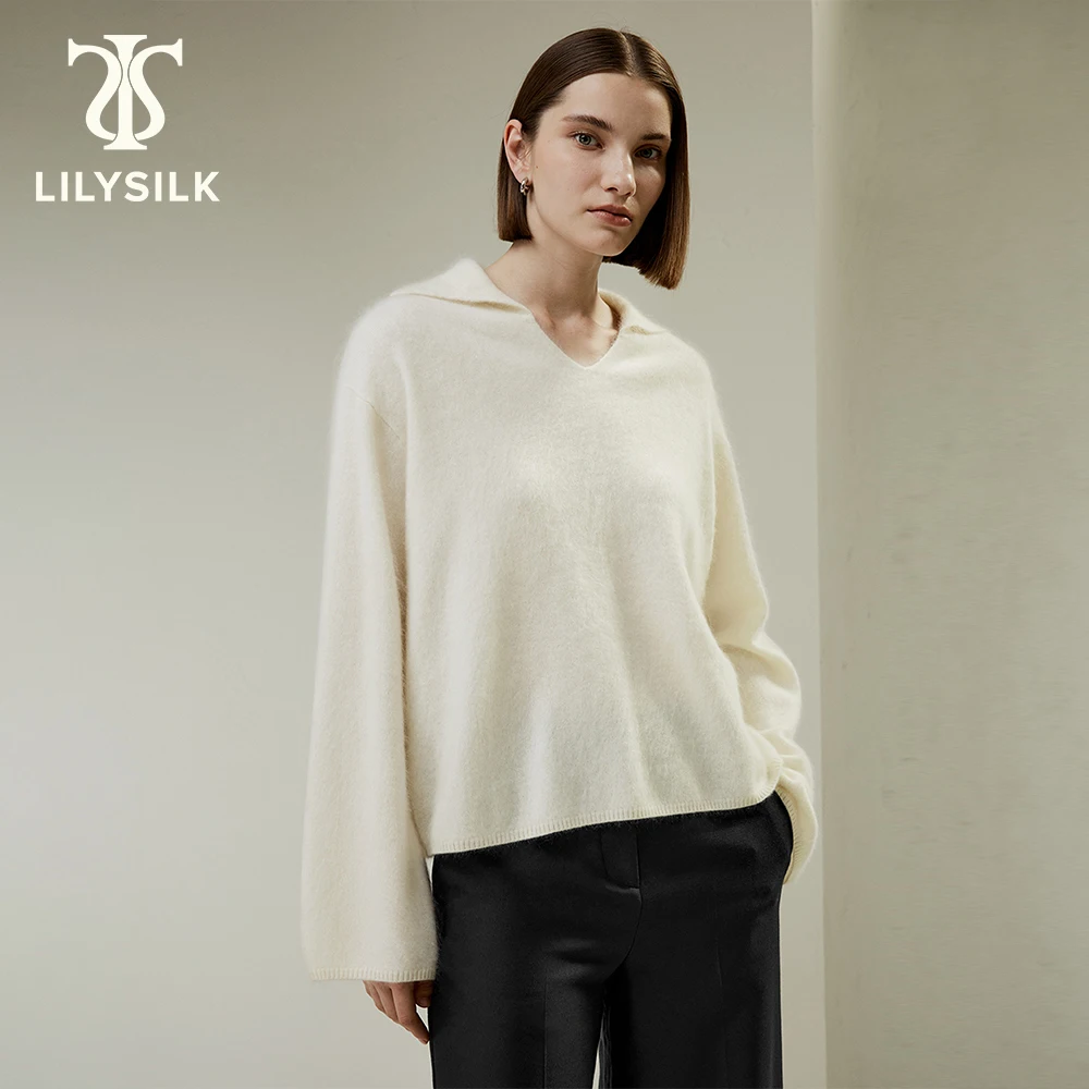

LILYSILK Pure 100 Cashmere Sweater for Women 2023 Winter V-Neck Soft Lantern Sleeve Casual Luxury Top Traf Free Shipping