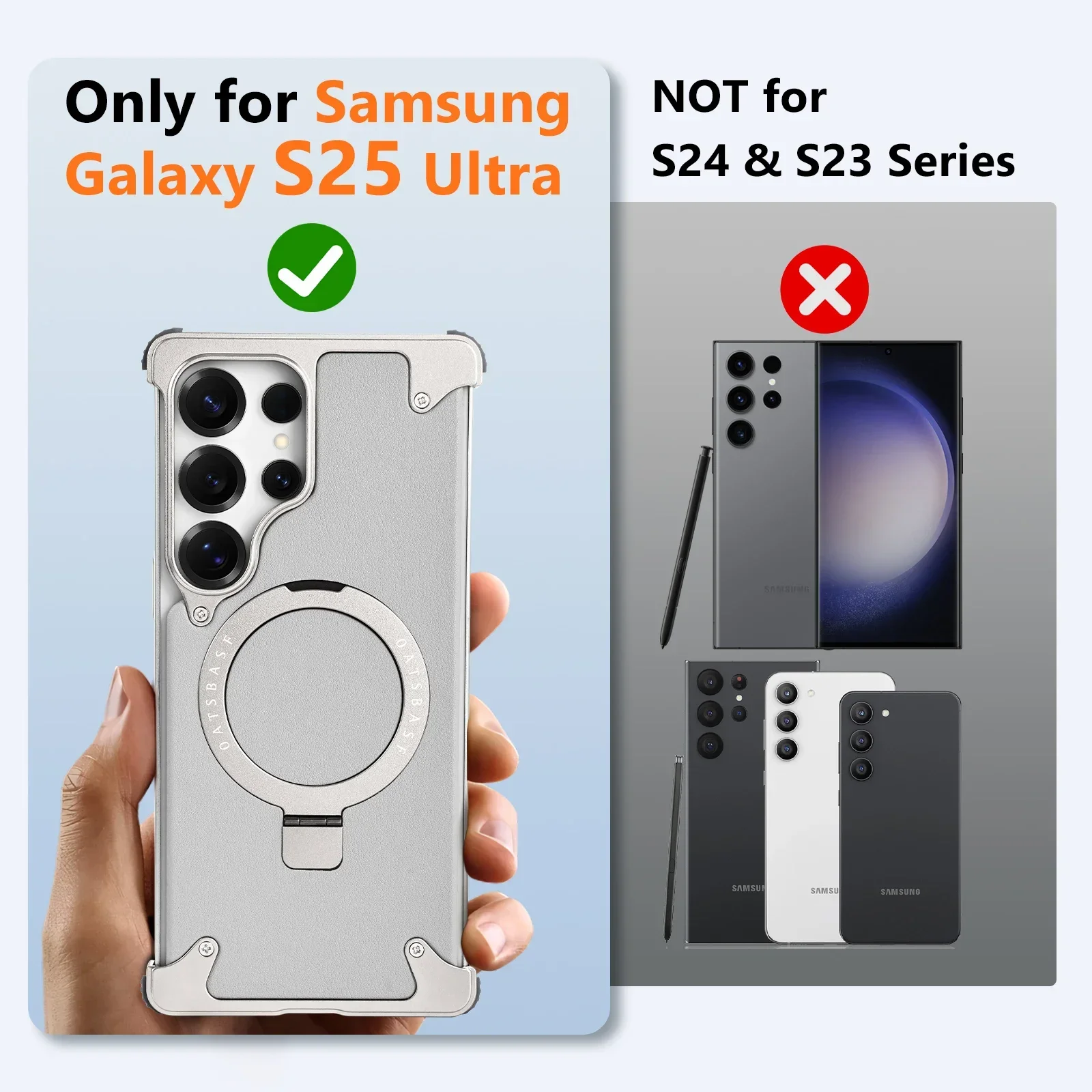 Eary Leather Phone Case for Samsung Galaxy S25 Ultra Magnetic with 360° Rotate Stand Metal Frameless Shockproof Protector Cover