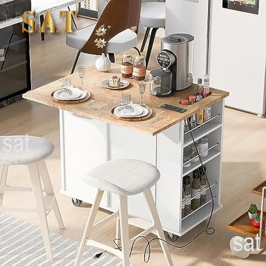 Kitchen Island with Power Outlet with Drop Leaf and Rubber Wood Tabletop, Kitchen Cart with Open Storage, Wine Rack and 5 Wheels