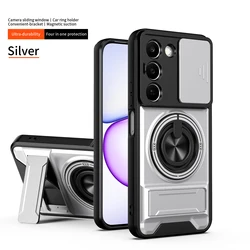 Enhanced Magnetic Military Armor Phone Case with Foldable Holder and Camera Protection for Realme C100 (SJia - Silver)