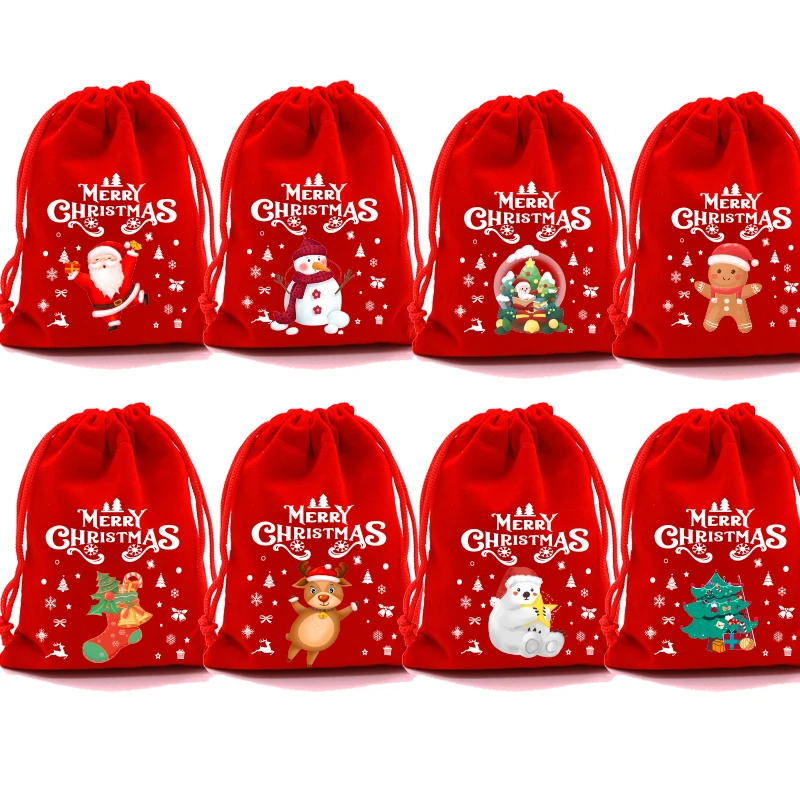 Christmas Gift Bags 4Pcs/Lot Christmas Velvet Bags 9x12 10x16 13x18cm Drawstring Pouch Xmas Candy Gift Bag Happy New Year Merry Christmas