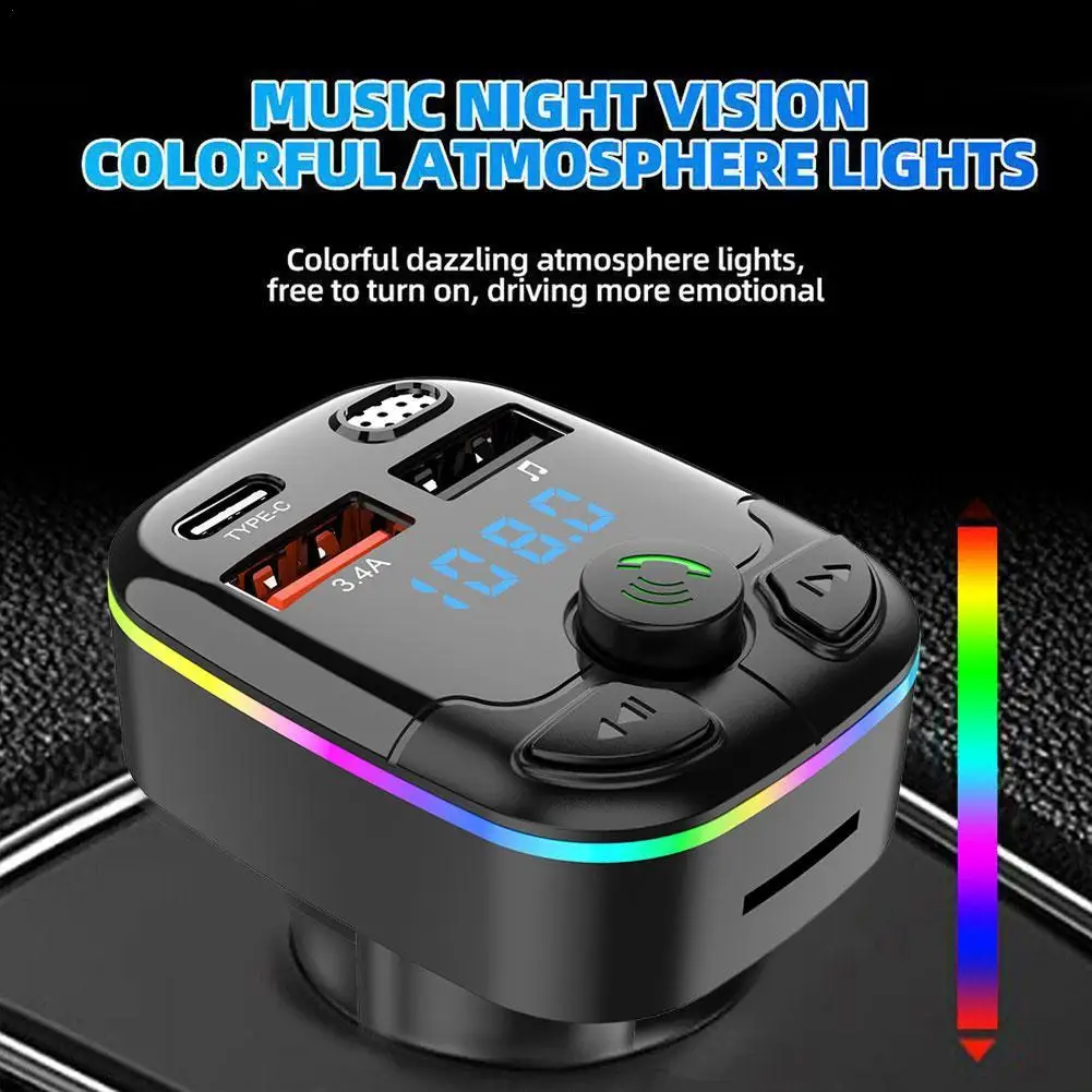 Car Bluetooth 5.0 FM Transmitter Type-C Dual USB 3.1A Charging Wireless Radio Adapter MP3 Player Support TF Card