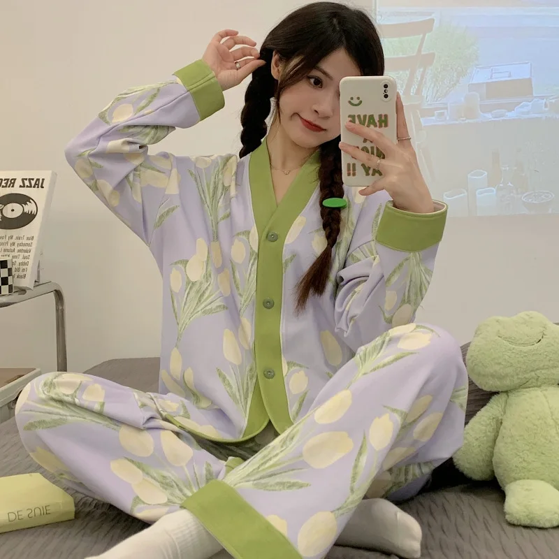 Spring Autumn Women's Imitation Cotton Pajamas V-neck Long Sleeve Cardigan Loose Casual Home Clothing Set Sweet Cute Sleepwear