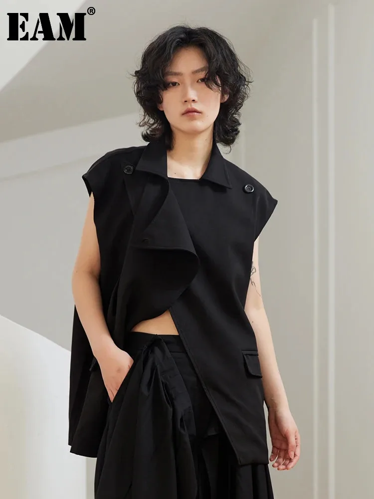 

Женский Асимметричный жилет EAM, черный Свободный жилет с отложным воротником, без рукавов, весна-осень 2024