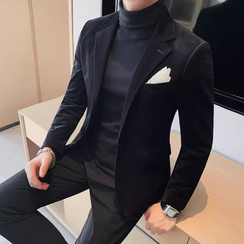 Men's Wool Suit Jacket High Quality Fashion One Grain Single Breasted Velvety Casual Solid Color Single West Fork