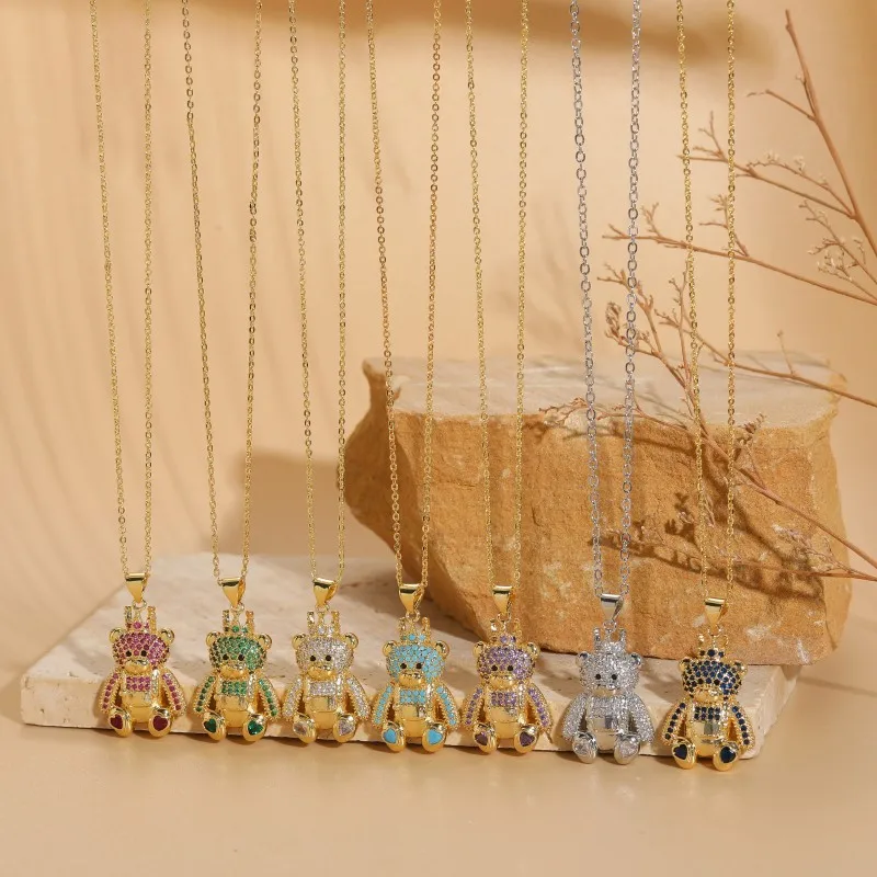 

2023 New Fashion Women Colorful Zircon Cute Little Bear Pendant Clavicle Necklace Women Ins Heart Foot Bear Pendant Necklace