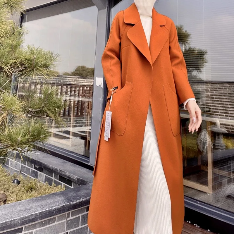 2023 Autumn Winter New Women Reversible Cashmere Coat Female Long Below The Knee Temperament Casual Slim Fit Woolen Outwear
