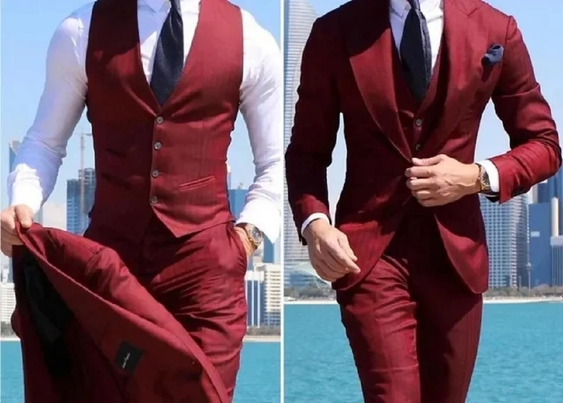 Burgundy Classic Men Suits 3 Pieces Tuxedo Peak Lapel Groomsmen Wedding Suits Set Fashion Men Business Blazer Jacket+Pants+Vest
