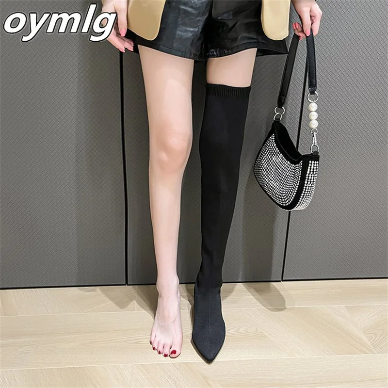 Knee Over Knitted Boots 2022 Spring and Autumn New Thick Heel High Heel Pointed Sexy Elastic Boots