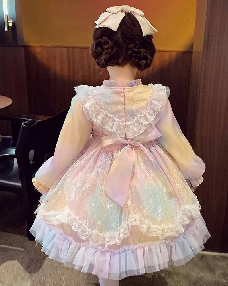 Birthday Party Lolita Sweet Dress Girls Kids Summer Mesh Long Sleeve Dress Cute Princess Doll Teen For Girls 2-10Y