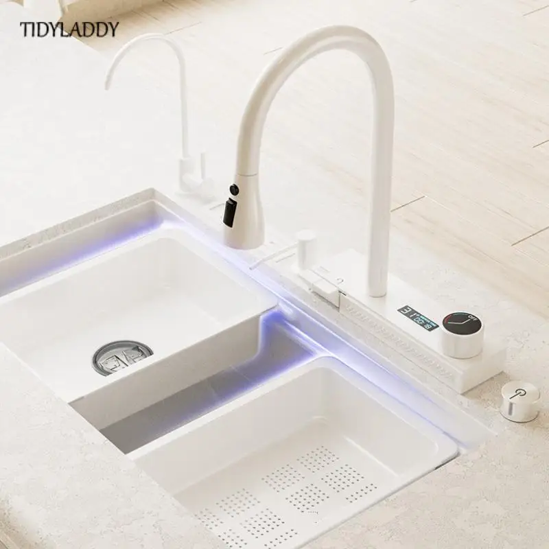 White Stainless Steel Waterfall Kitchen Sink Above Counter or Under Sink Simple Style Large Single Slot Kitchen Accessories