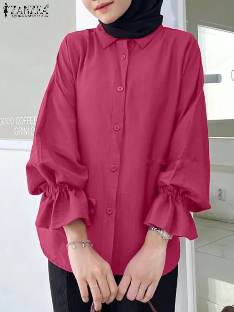 

ZANZEA Fashion Muslim Blouse Woman Flare Sleeve Lapel Neck Tunic Tops Autumn Casual Party Shirt Femme Vintage Islamic Clothing