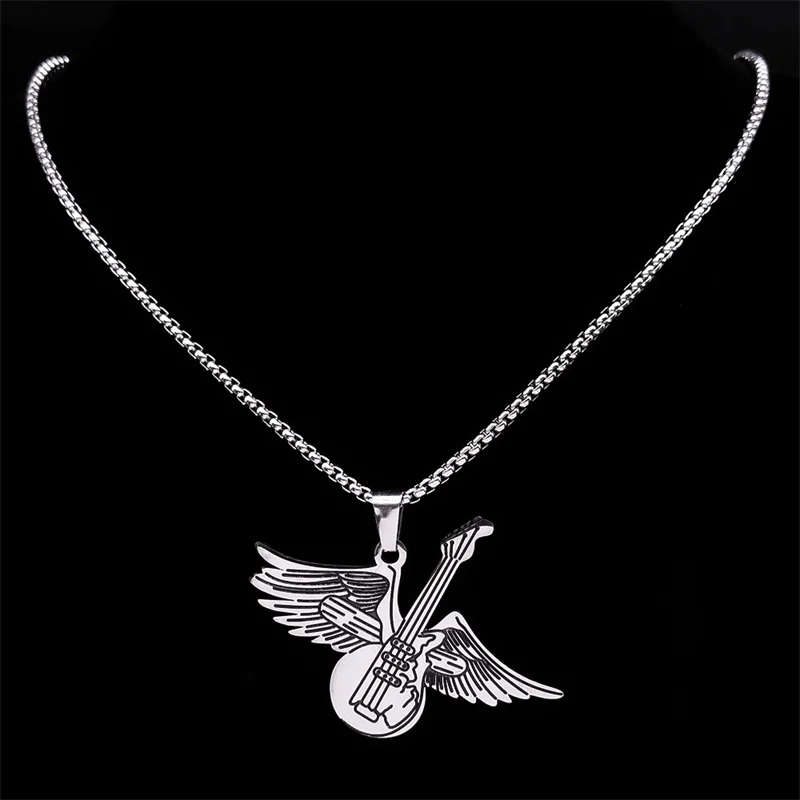 Guitar Angel Wing Necklace for Women/Men Stainless Steel Rock