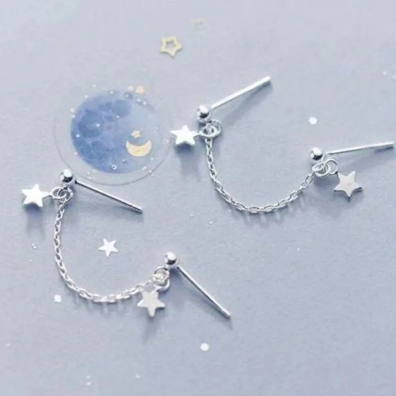 Silver Color Star Shape Tassel Double Ear Hole Stud Earring for Women New Fashion Simple Y2K Party Jewelry Gifts