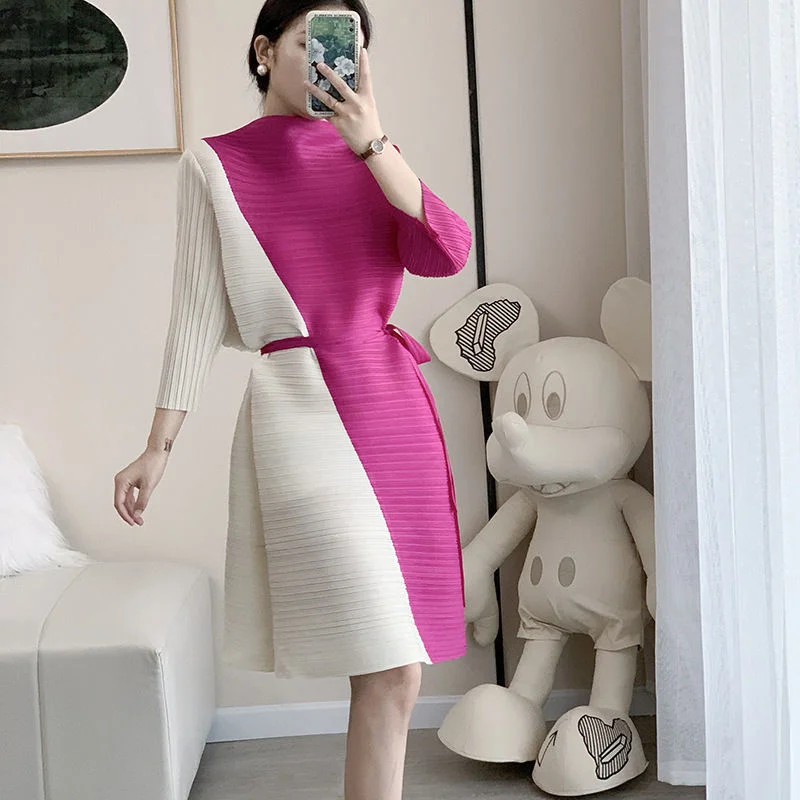 

Casual Dress Female 2023 Summer New Colorblock Waistband High Grade Pleated Dress Women O Neck Elegant Dress Female Tops