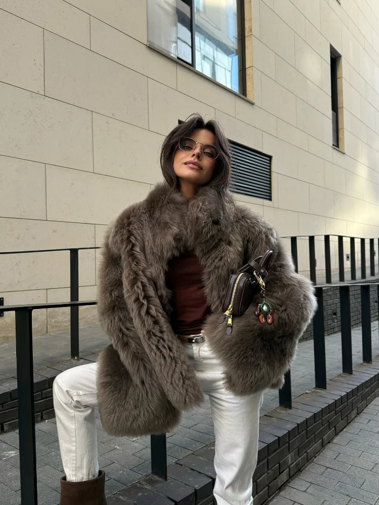 Women Chic Loose Furry Fur Coat Stand-up Collar Solid Color Full Sleeves Keep Warm Thick Coats 2025 New Fashion Daily Outerwear