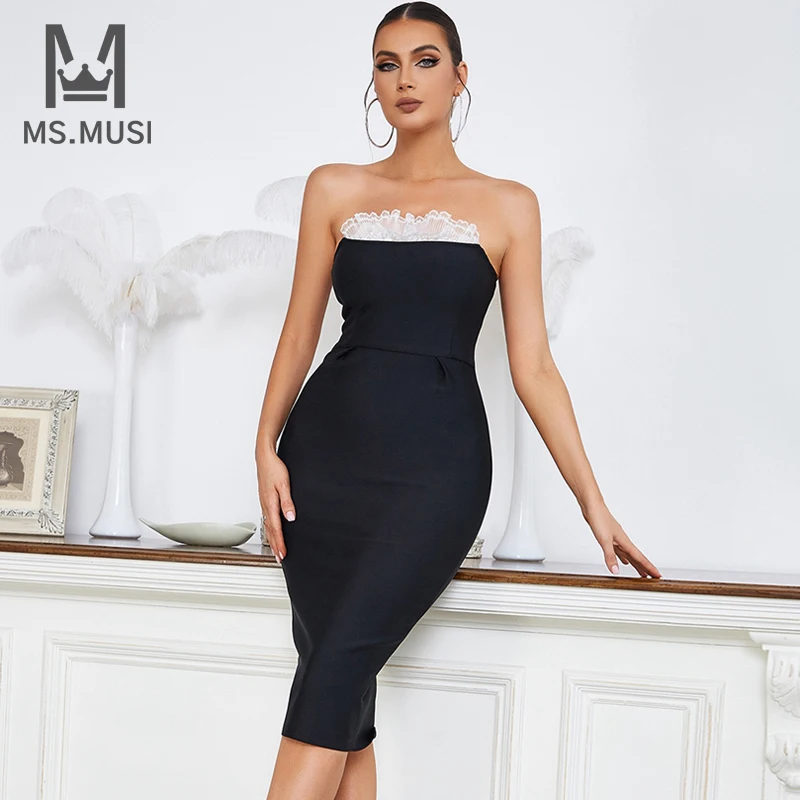 

MSMUSI 2022 New Fashion Women Sexy Strapless Lace Patchwork Sleeveless Bodycon Backless Lady Party Club Event Bandage Midi Dress