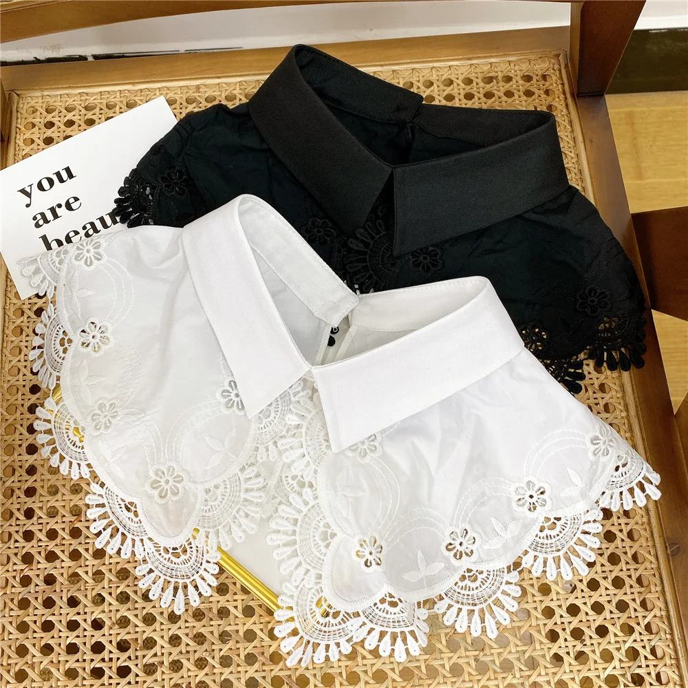 

New Fake Collar Shirt Women White Lapel Ruffles Hollow Out False Collar Girls Blouse Detachable Collar Lace Removable Half Shirt