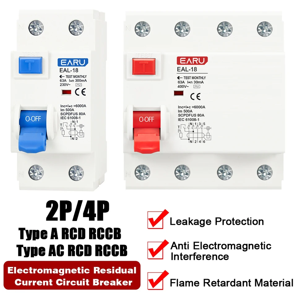 4P DINレール漏電遮断器 DC 63A 30mA 300mA Bタイプ 6KA(25A) 4Pタイプ DINレール B型漏電遮断器 DC RCCB RCD 4P 40A 63A 30mA 300mA B型 RCD 6KA(2A)