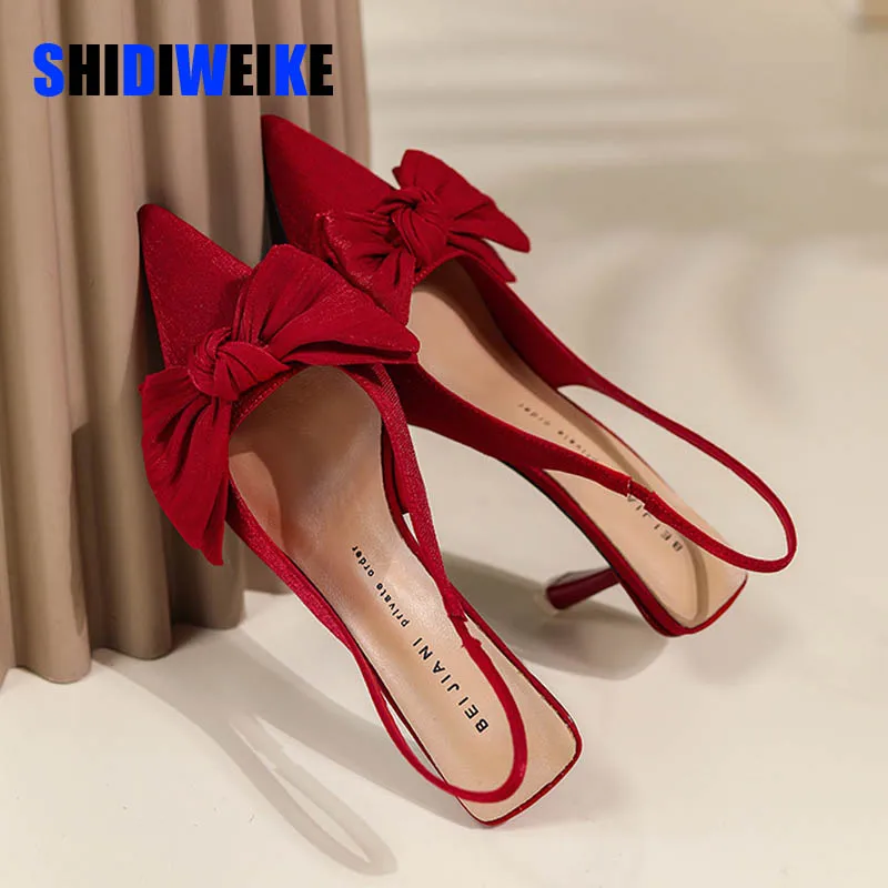 SDWK7cmNewSpringSilkButterflyknotWomenPumpsSlingbackPointed