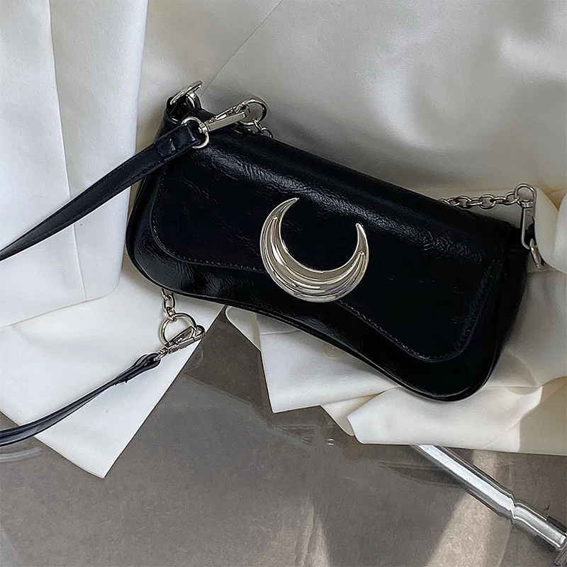 

Y2k Cool Girls Black Shoulder Bags Moon Lock Women's Chain Underarm Bag Purse Handbags Fashion Female Small Messenger Bags