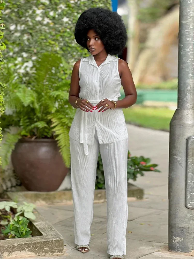 Wmstar Women Two Piece Set Casual Solid Color Sleeveless Turn Down Collar Top Long Trousers Elegant Office Female Summer Outfits