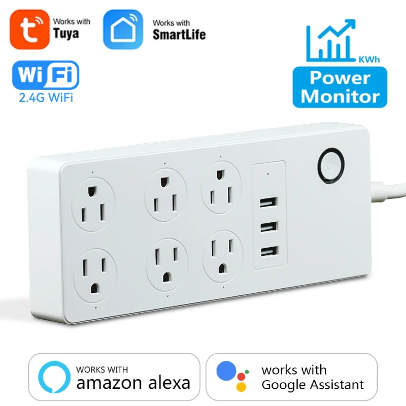 Tuya WiFi חכם כוח רצועת ארה"ב תקע ללא/עם כוח צג Surge מגן הארכת כבל עבור Alexa Google בית מכשיר