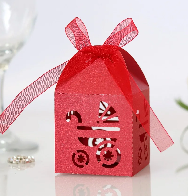 

100pcs Cut Hollow Paper Baby Carriage Candy Chocolates Box Ribbon For Wedding Birthday Party Shower Favor Gift Decorate