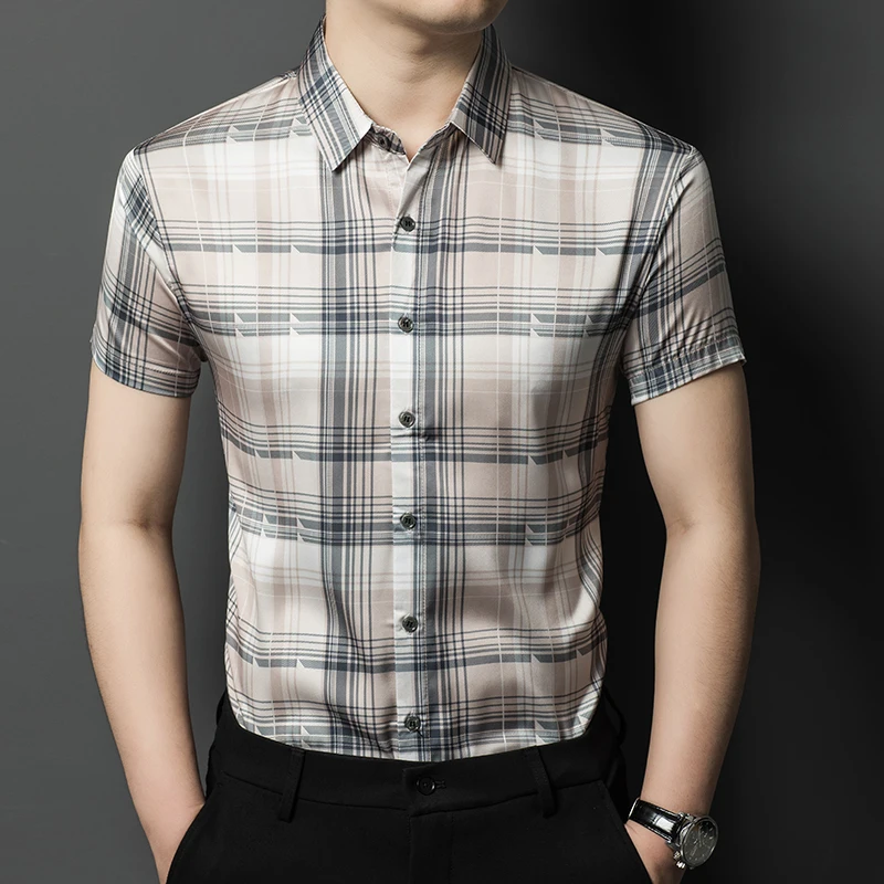 New Men's Fashion Mulberry Silk Clothes Summer Patchowork Stripes Poplin Shirt Male Soft Silk Dress Shirts Short Sleeved