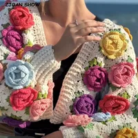 2023 Autumn BOHO Hand Crochet 3D Flower Ball Cardigan Sweet Woman V neck Full Lantern sleeve Knitting Sweater Knitwear Jumper 2