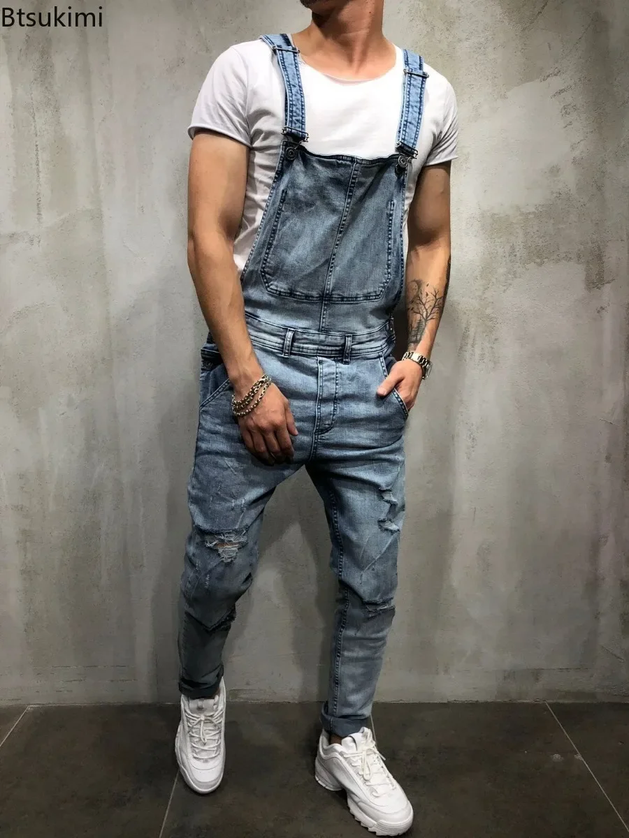 New 2024 Men's Fashion Denim Jeans Overalls Jumpsuits Streetwear Male Cargo Work Pants Trousers Mens Casual Biker Pants Outfits