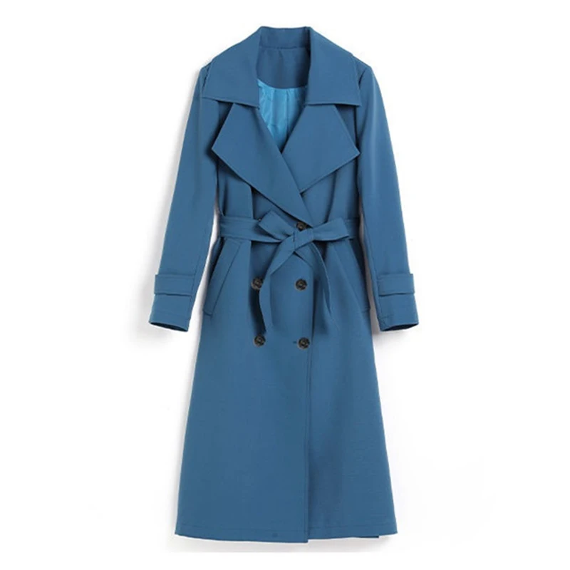 

Women Casual Long Windbreaker 2022 New Spring Autumn Lapel Double Breasted Tretch Coats Korean Fashion With Belt Solid Outwear