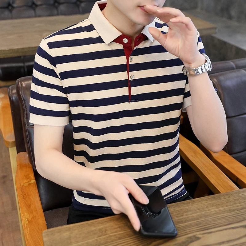 

Elegant Fashion Harajuku Slim Fit Ropa Hombre Loose Casual All Match T-shirts Stripe Button Lapel Collar Short Sleeve POLO Shirt